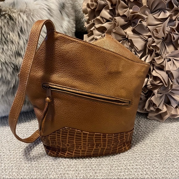 Max New York Copper Camel Croc Print Leather Asymmetrical Shoulder Crossbody Bag - Picture 4 of 10